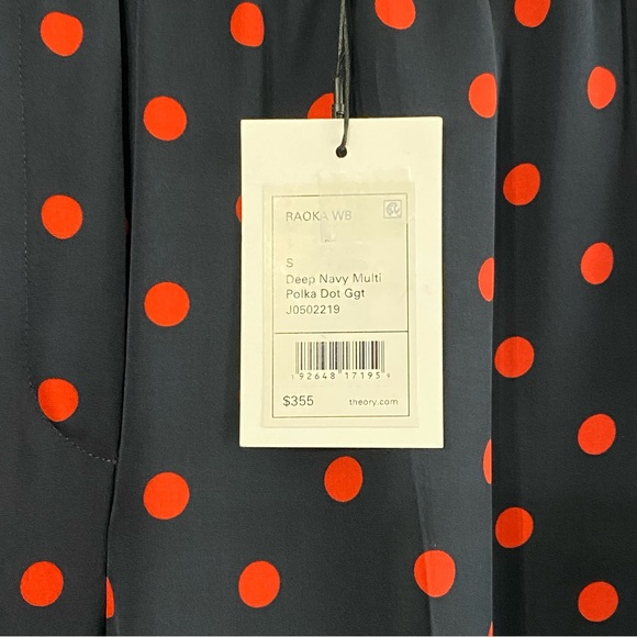 NWT Theory Deep Navy Blue Red Multi Polka Dot Wide Leg Pant in Neon Silk - Picture 10 of 11